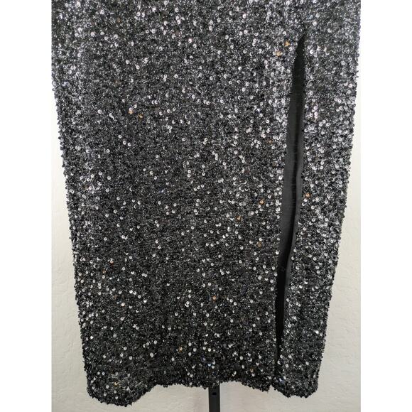 Lulus Black Sequin Sparkling Behavior High Rise Midi Skirt Slit - Picture 6 of 8